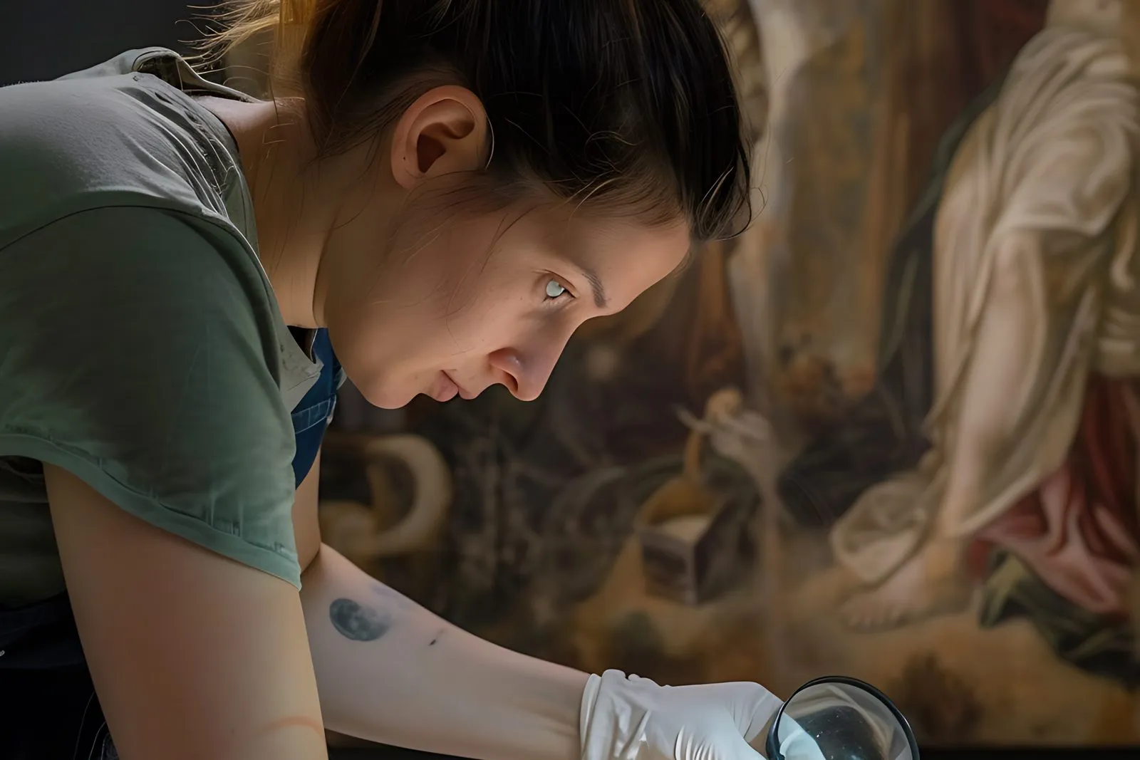 Persona conservadora observant de prop la superfície d’una pintura en un museu