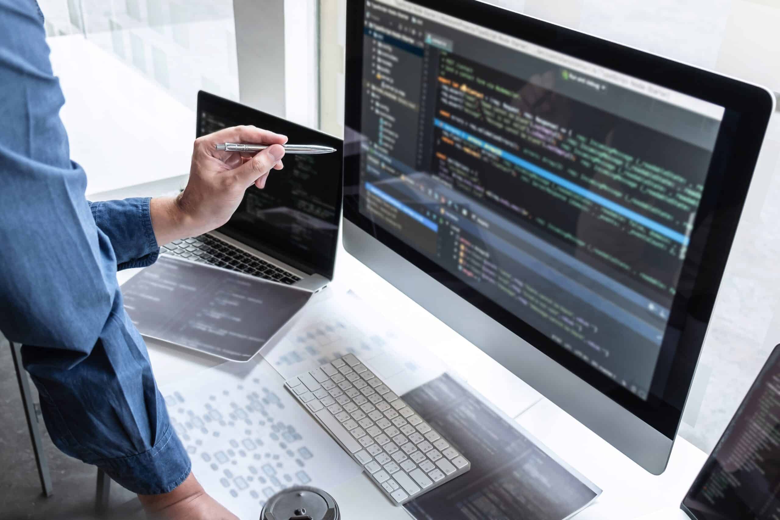 Professional Team of programmer working on project in software d
